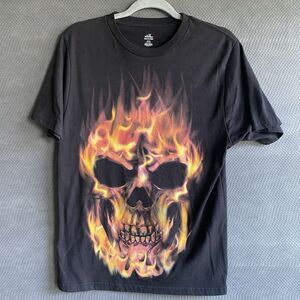 Flaming Skull Biker Tee Shirt Black Short Sleeve Small